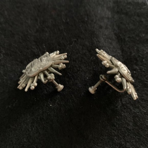 Vintage Silver-Tone Screw Back ‘Atomic Burst’ Earrings 1 3/4" Diameter - Picture 3 of 6